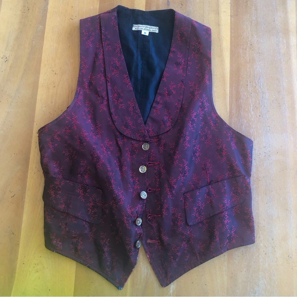 Vintage Western Vest Asian Red Black Floral Embroidered Silk Satin Gold Buttons